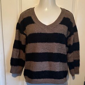 BB Dakota V-Neck Sweater - Black and Brown Stripes Medium